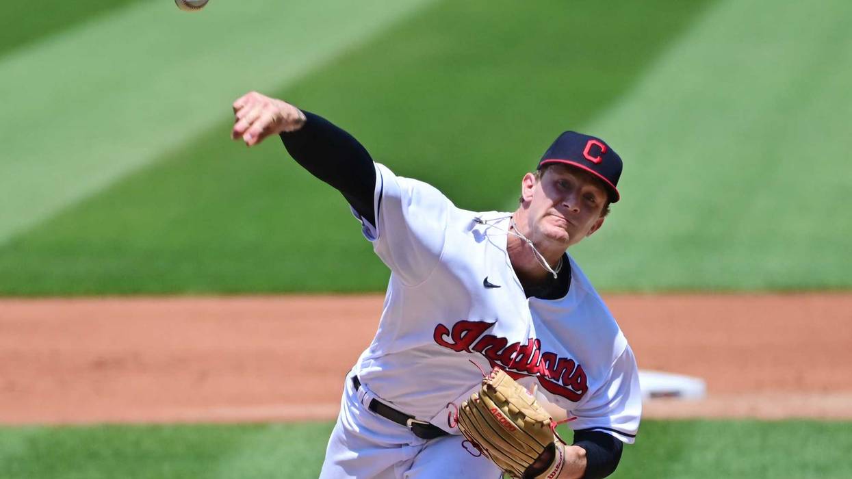 May 23, 2021; Cleveland, Ohio, USA; Cleveland Indians starting pitcher Zach Plesac (34) throws a pitch during the first inning against the Minnesota Twins at Progressive Field.