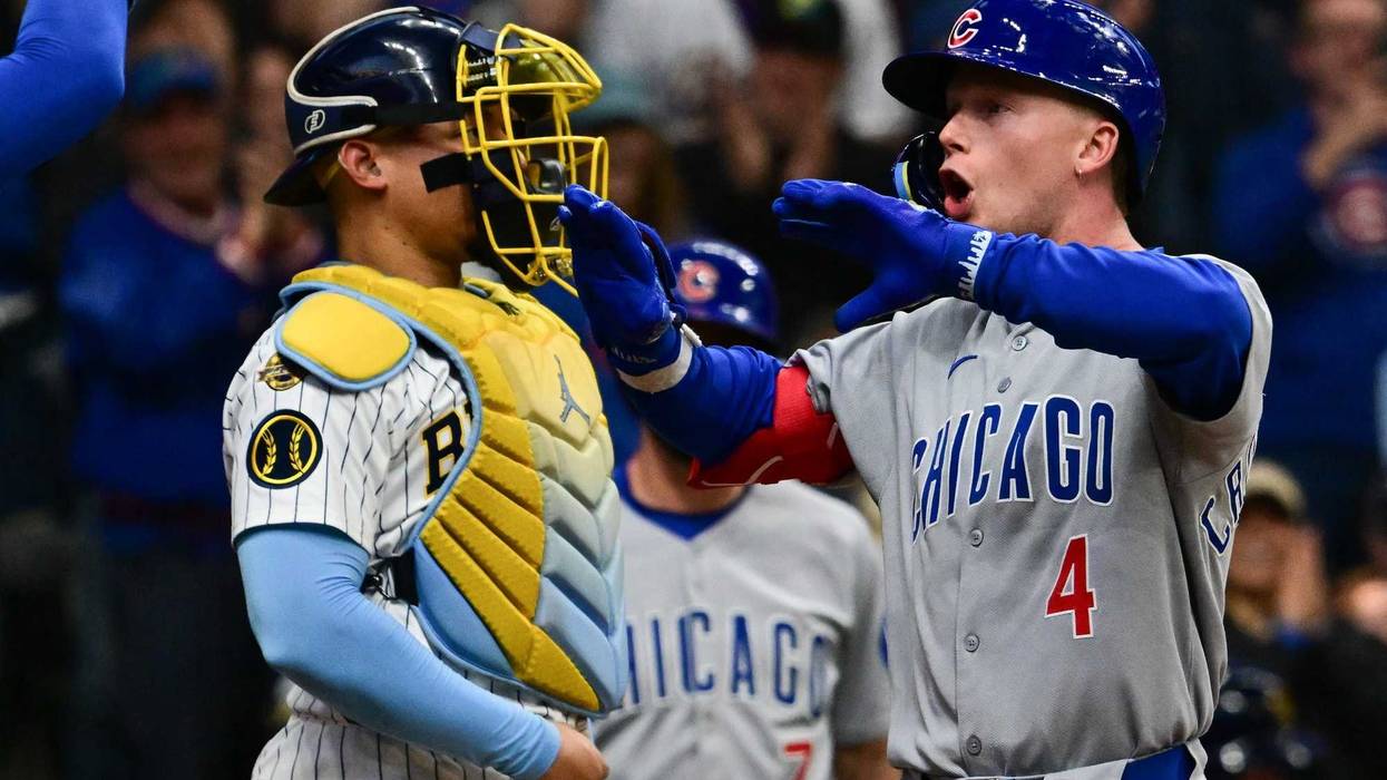 May 3, 2025; Milwaukee, Wisconsin, USA; Chicago Cubs center fielder Pete Crow-Armstrong (4) reacts after hitting a three-run home run against the Milwaukee Brewers in the fourth inning at American Family Field. Mandatory Credit: Benny Sieu-Imagn Images