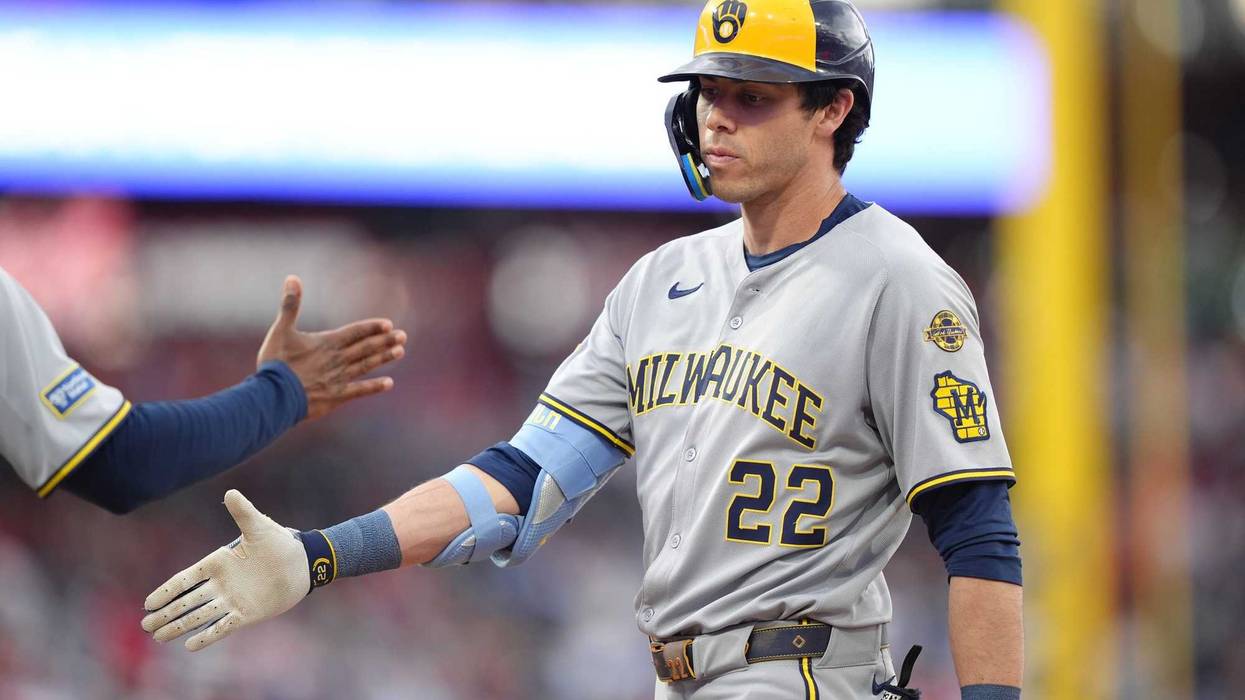 May 31, 2025; Philadelphia, Pennsylvania, USA; Milwaukee Brewers outfielder Christian Yelich (22) reacts after hitting a single against the Philadelphia Phillies in the seventh inning at Citizens Bank Park. Mandatory Credit: Kyle Ross-Imagn Images