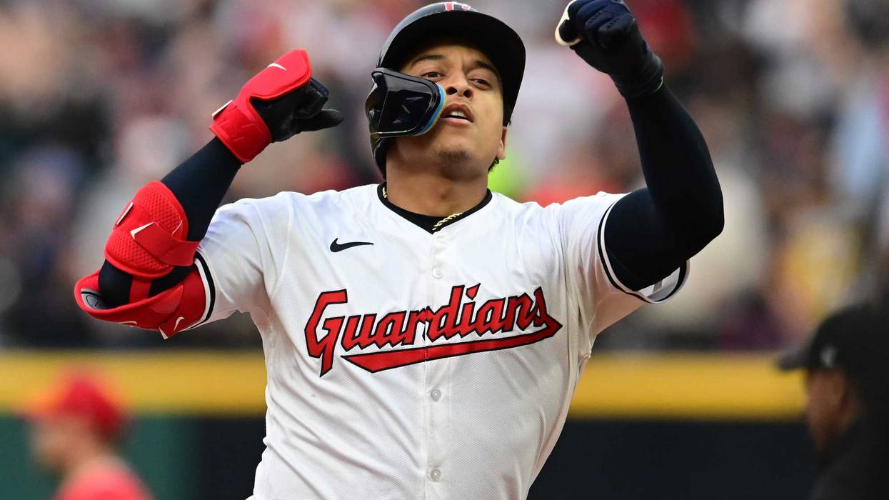 May 4, 2024; Cleveland, Ohio, USA; Cleveland Guardians designated hitter Bo Naylor (23) rounds the bases after hitting a grand slam home run during the sixth inning against the Los Angeles Angels at Progressive Field.