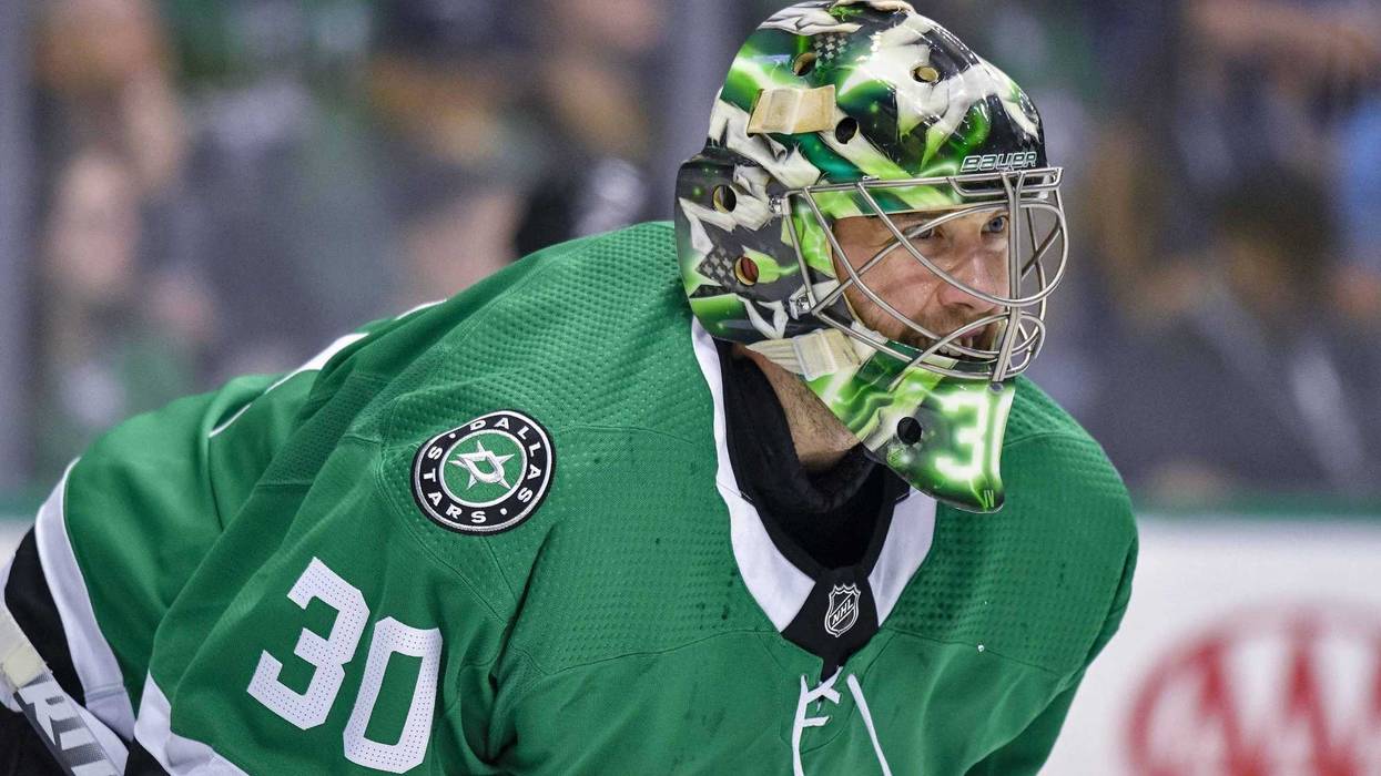 May 5, 2019; Dallas, TX, USA; Dallas Stars goaltender Ben Bishop (30) defends against the St. Louis Blues attack during the first period in game six of the second round of the 2019 Stanley Cup Playoffs at American Airlines Center.