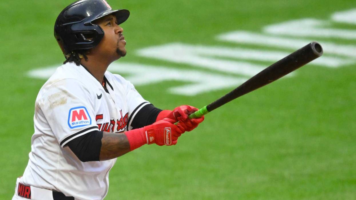May 6, 2024; Cleveland, Ohio, USA; Cleveland Guardians third baseman Jose Ramirez (11) watches his solo home run in the sixth inning against the Detroit Tigers at Progressive Field.