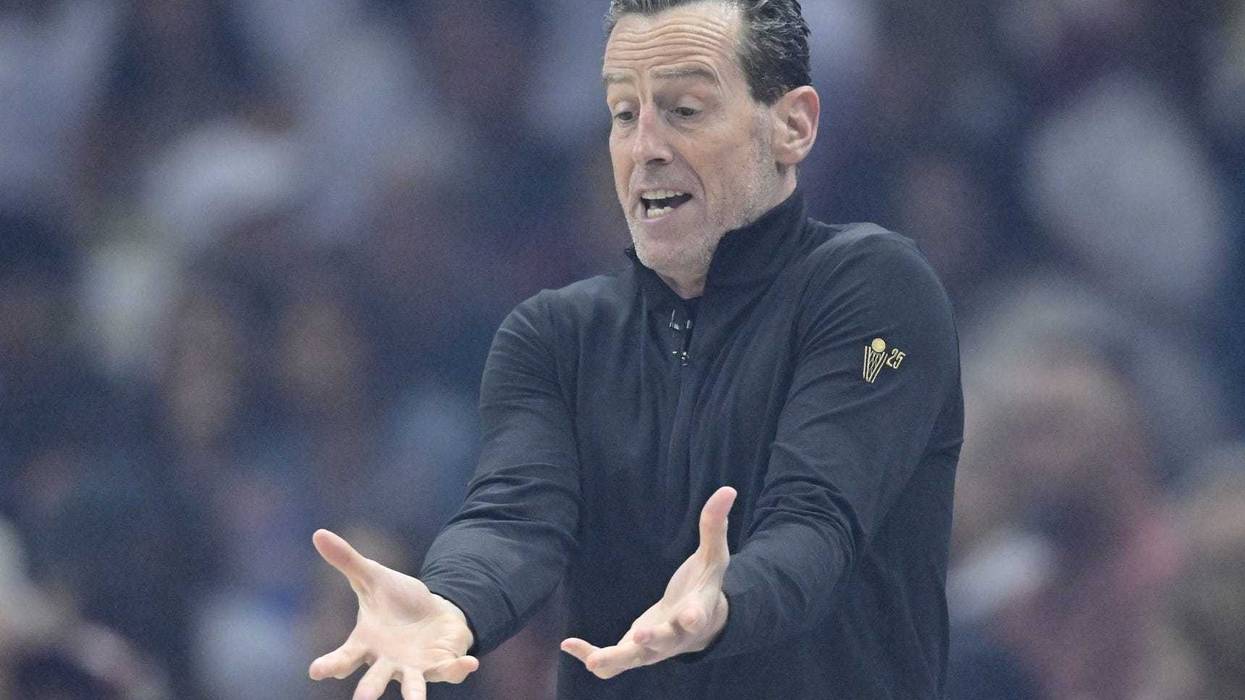 May 6, 2025; Cleveland, Ohio, USA; Cleveland Cavaliers head coach Kenny Atkinson reacts in the first quarter against the Indiana Pacers during game two of the second round of the 2025 NBA Playoffs at Rocket Arena.