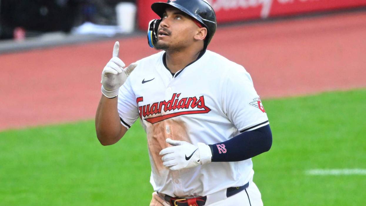 May 7, 2024; Cleveland, Ohio, USA; Cleveland Guardians first baseman Josh Naylor (22) celebrates his two-run home run in the second inning against the Detroit Tigers at Progressive Field.