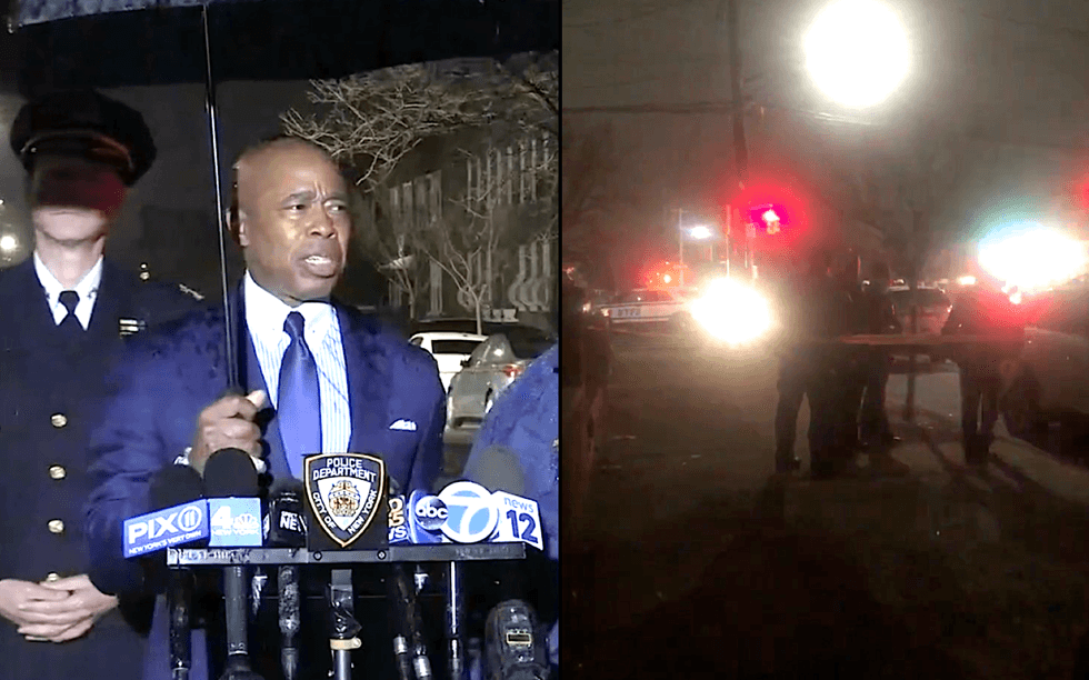 Mayor Adams speaks at a news conference as police continued to scour the scene for evidence