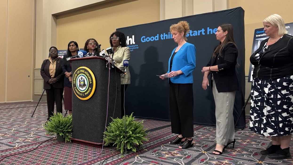 Mayor Cherelle Parker addresses reporters after delivering remarks at the Airports Council International - North America annual conference at the Pennsylvania Convention Center on Tuesday, Sept. 15.