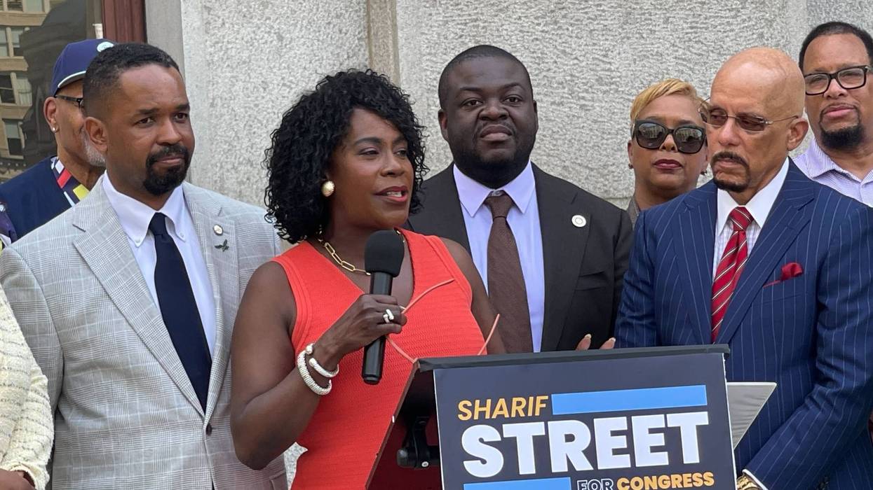 Mayor Cherelle Parker (center) officially endorses state Sen. Sharif Street (left) for Congress, in a news conference outside City Hall on Wednesday, April 15.
