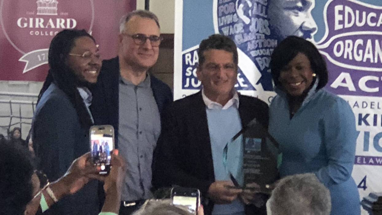 Mayor Cherelle Parker (right) presents the Harris Wofford Citizenship Award to lobbyist Ed Hazzouri (second from right), along with Councilman Jeff Young (left) and Global Citizen founder Todd Bernstein.