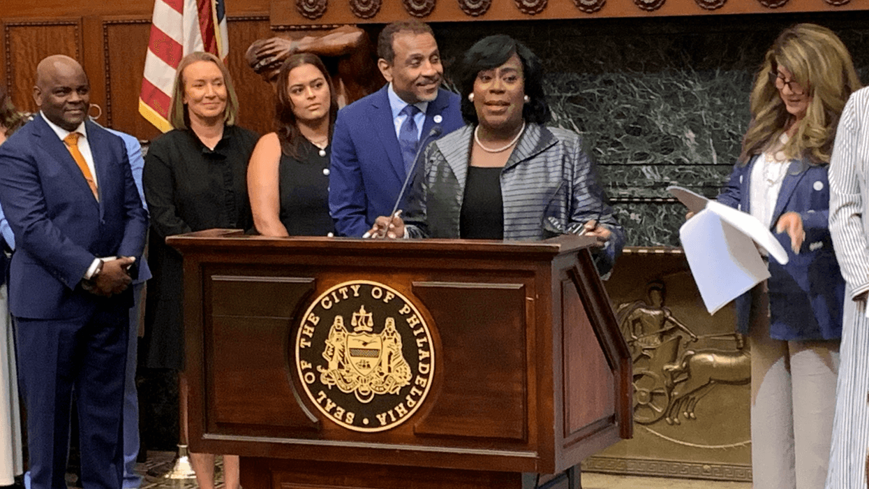 Mayor Cherelle Parker speaks at podium inside City Hall on Friday, June 27, 2025.