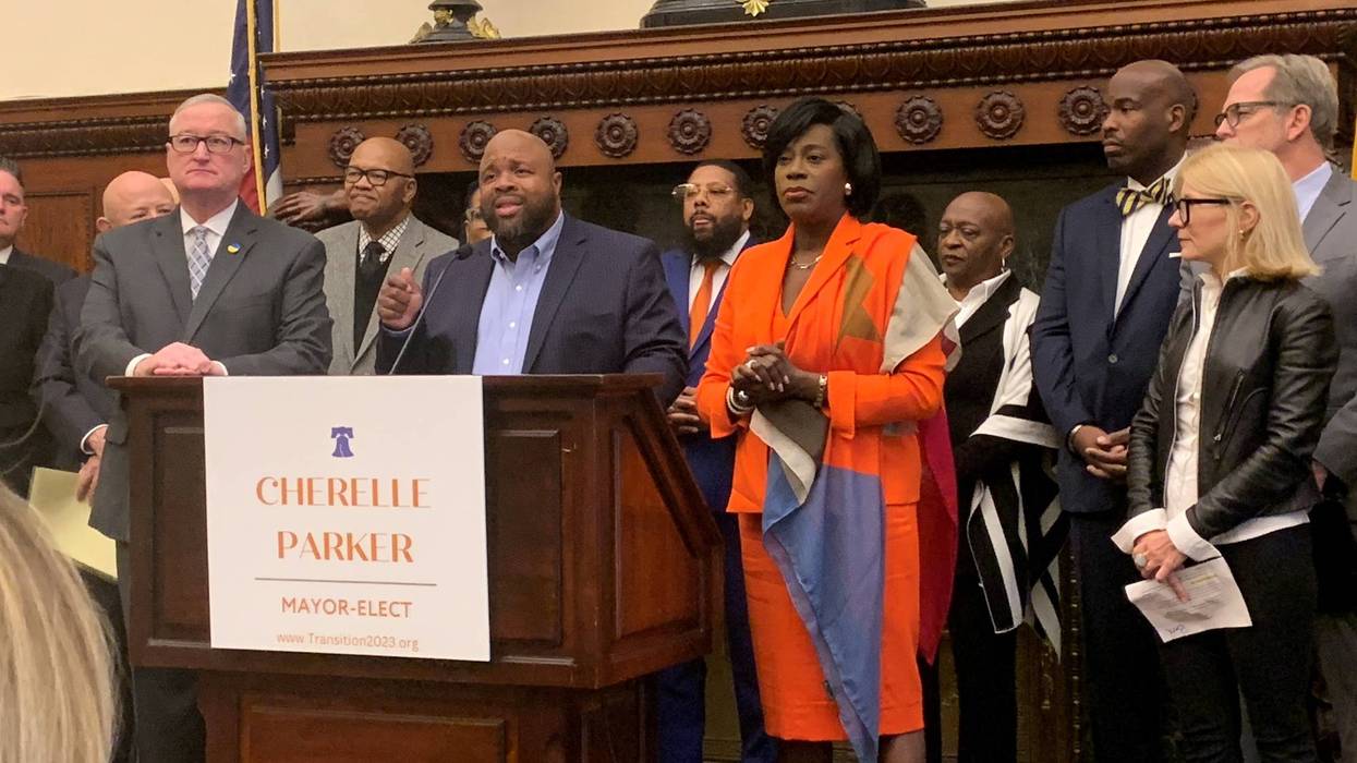 Mayor-elect Cherelle Parker (center-right) introduces her transition team, headed by Building Trades leader Ryan Boyer (center-left), at a City Hall news conference on Thursday.