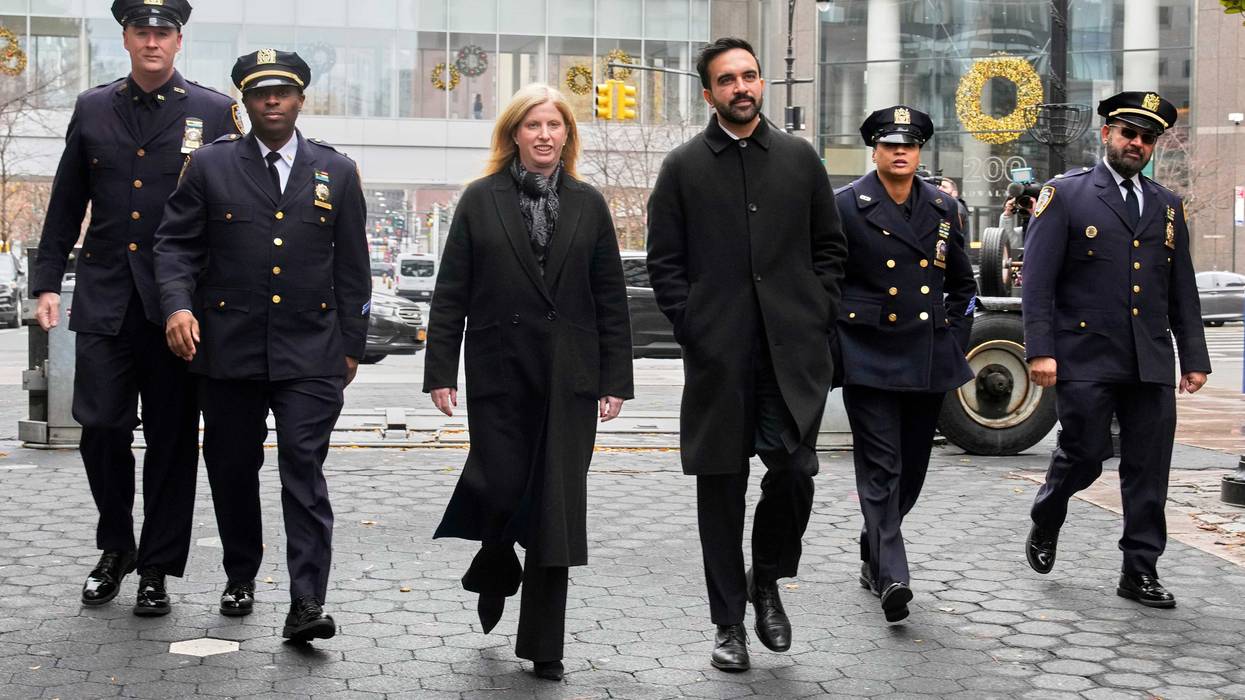 Mayor-elect Zohran Mamdani, center, right, and NYPD Commissioner Jessica Tisch, center left, walk to the New York City Police Memorial, on Nov. 19, 2025