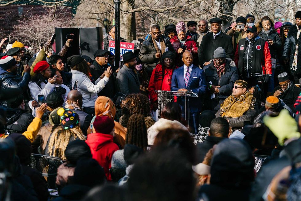 Mayor Eric Adams addressing crowd.