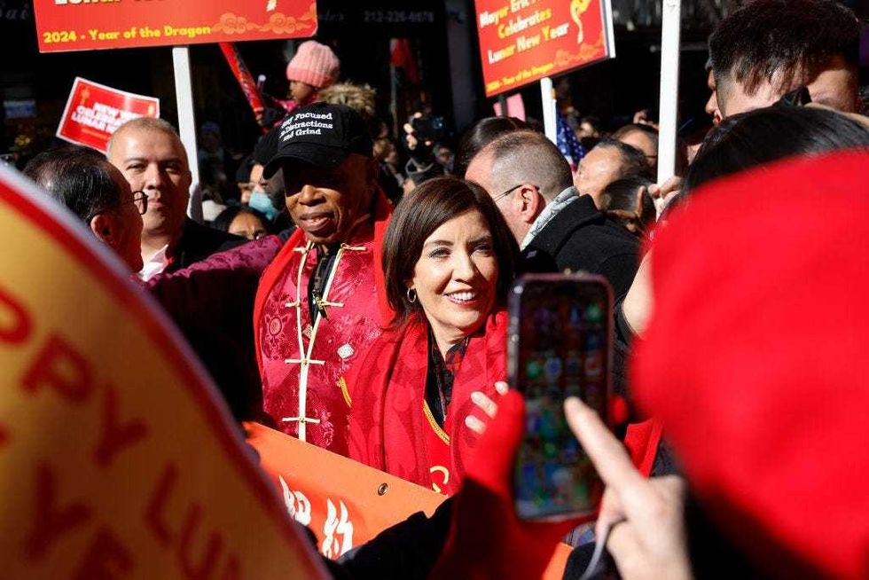 Mayor Eric Adams and Gov. Kathy Hochul attend the Lunar New Year parade celebrating the Year of the Dragon in Chinatown on Feb. 25, 2024.