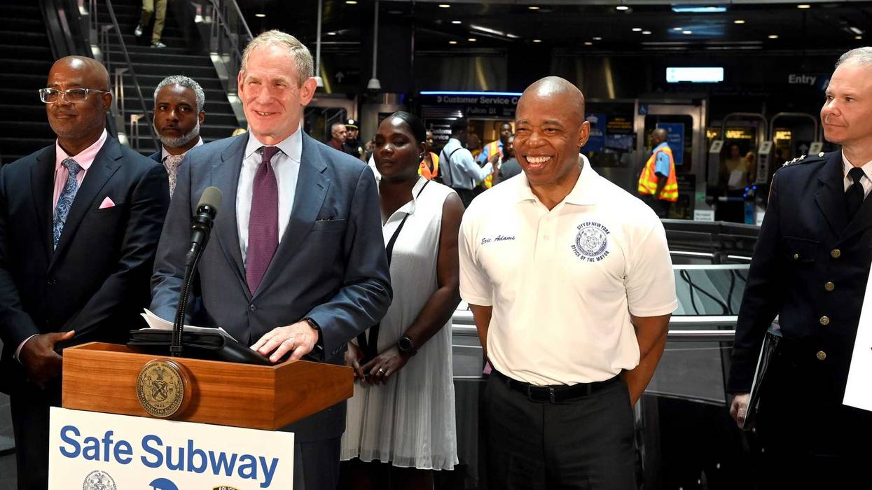 Mayor Eric Adams and MTA chairman Janno Lieber hold a news conference at the Fulton Center subway station on July 17, 2024