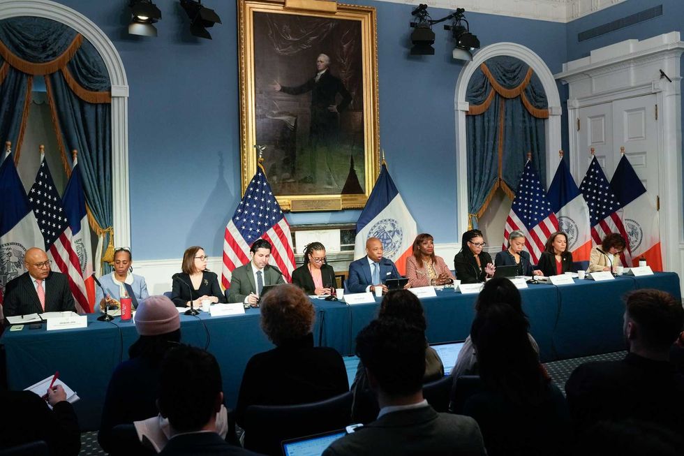 Mayor Eric Adams and senior administration officials hold an in-person media availability on February 27, 2024