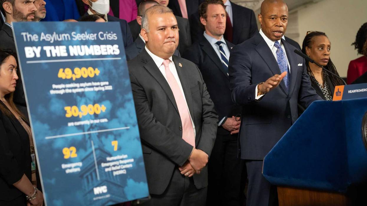 Mayor Eric Adams announcing his plan to establish an agency to manage asylum seekers arriving in New York City. City Hall. Tuesday, March 7, 2023.
