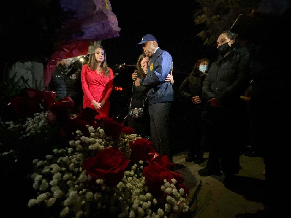 Mayor Eric Adams attends a vigil for Krystyna Naprawa on Oct. 23, 2023, in Woodhaven, Queens