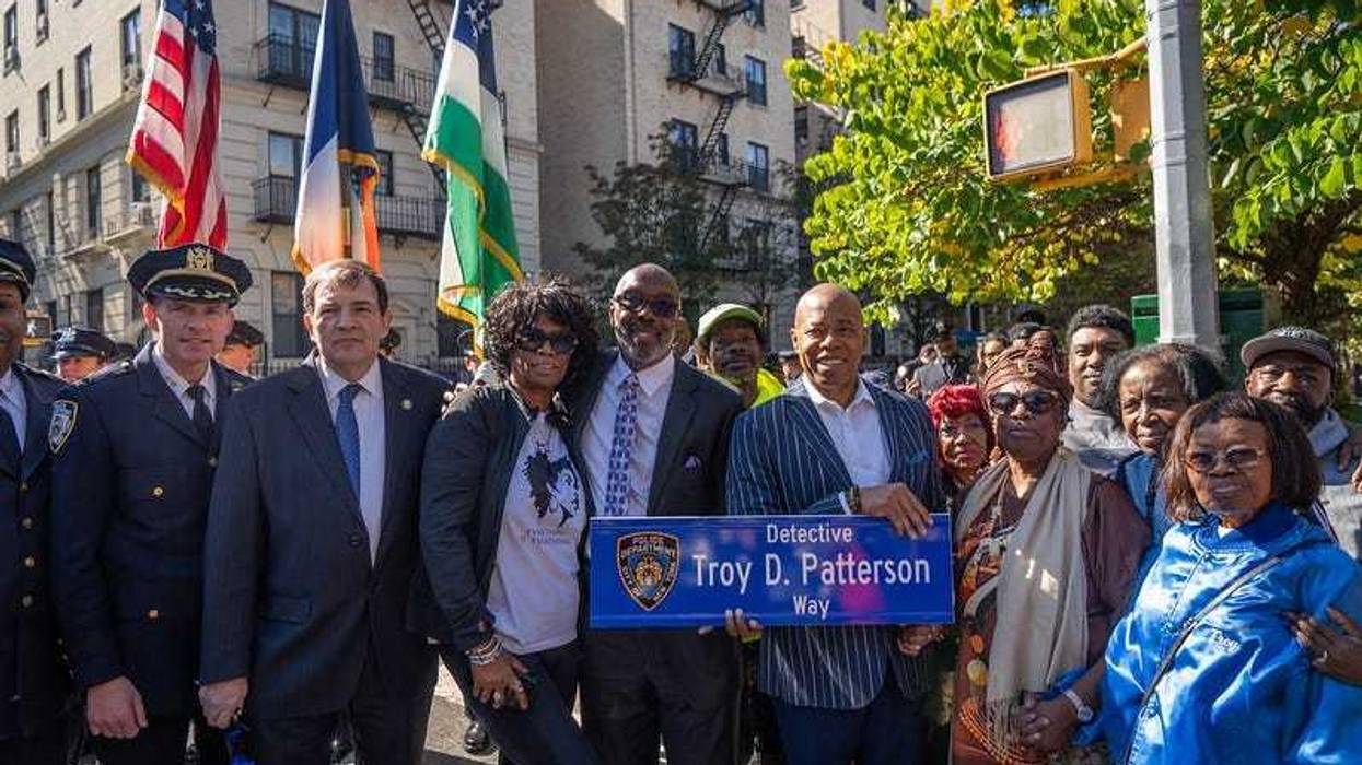 Mayor Eric Adams delivers remarks at a street co-naming in memory of Detective Troy Patterson in Brooklyn on Saturday, Oct. 12, 2024.