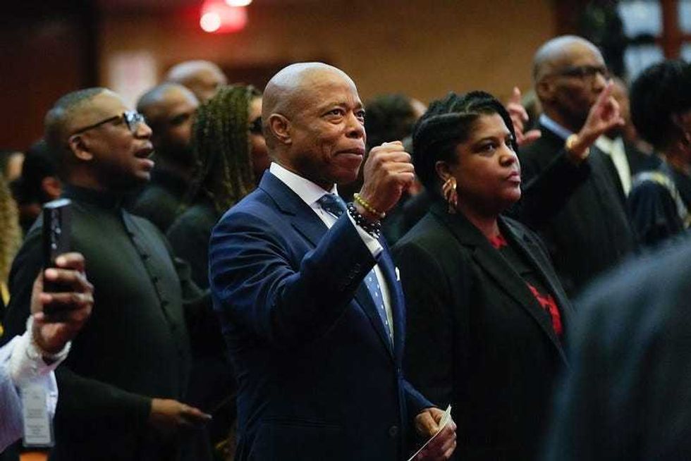 Mayor Eric Adams delivers remarks at the Greater Allen African Methodist Episcopal (AME) Cathedral Church of New York