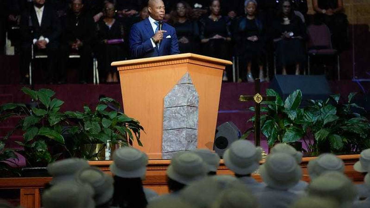 Mayor Eric Adams delivers remarks at the Greater Allen African Methodist Episcopal (AME) Cathedral Church of New York’s celebration for the installation of Rev. Stephen Green in Queens on Sept. 28, 2024
