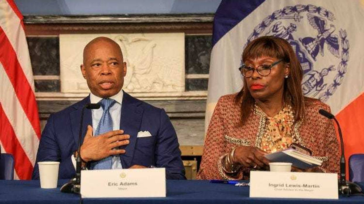 Mayor Eric Adams flanked by Ingrid Lewis-Martin during his weekly in-person news conference at City Hall Blue Room on March 5, 2024.