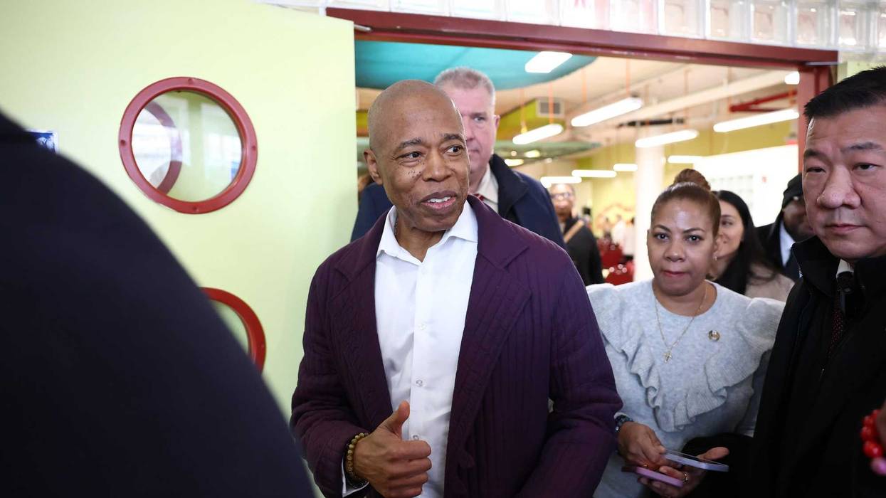 Mayor Eric Adams leaves after speaking at an Adult Town Hall at Sunnyside Community Services Older Adult Center on February 12, 2025