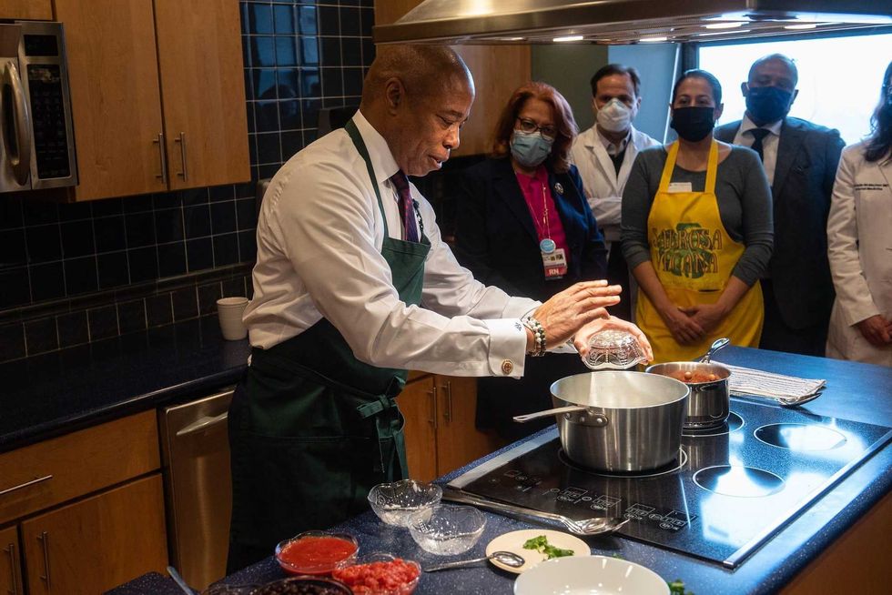 Mayor Eric Adams makes a health-related announcement and lead a plant-based cooking demo at King