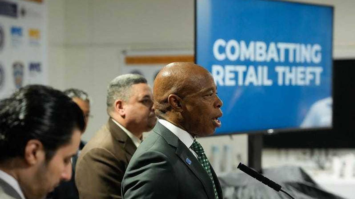 Mayor Eric Adams makes public safety and retail theft-related announcement at the 125th Street Business Improvement District Headquarters in Harlem on May 16, 2024.