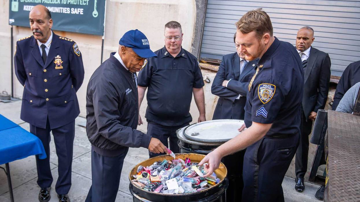 Mayor Eric Adams, New York City Sheriff Anthony Miranda and New York City Police Department (NYPD) Interim Commissioner Thomas G. Donlon celebrate the transportation of more than 1,200 pounds of illegal vape products out of New York City as they are shipped off for destruction. Pearson Warehouse, Long Island City.