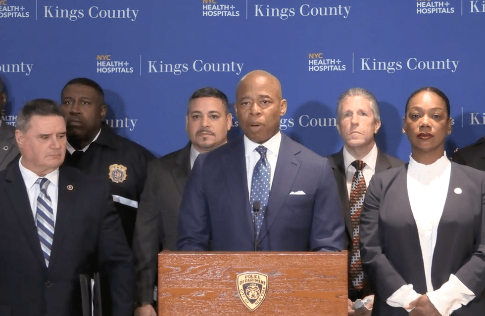Mayor Eric Adams, NYPD Commissioner Keechant Sewell and NYPD Chief James Essig at Wednesday