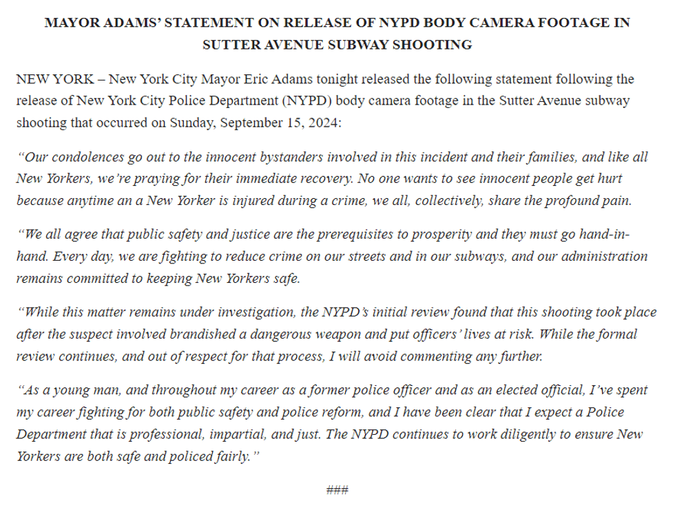 Mayor Eric Adams released a statement on Friday commenting on the release of body camera footage in a police shooting that occurred Sunday and resulted in the injury of four people.