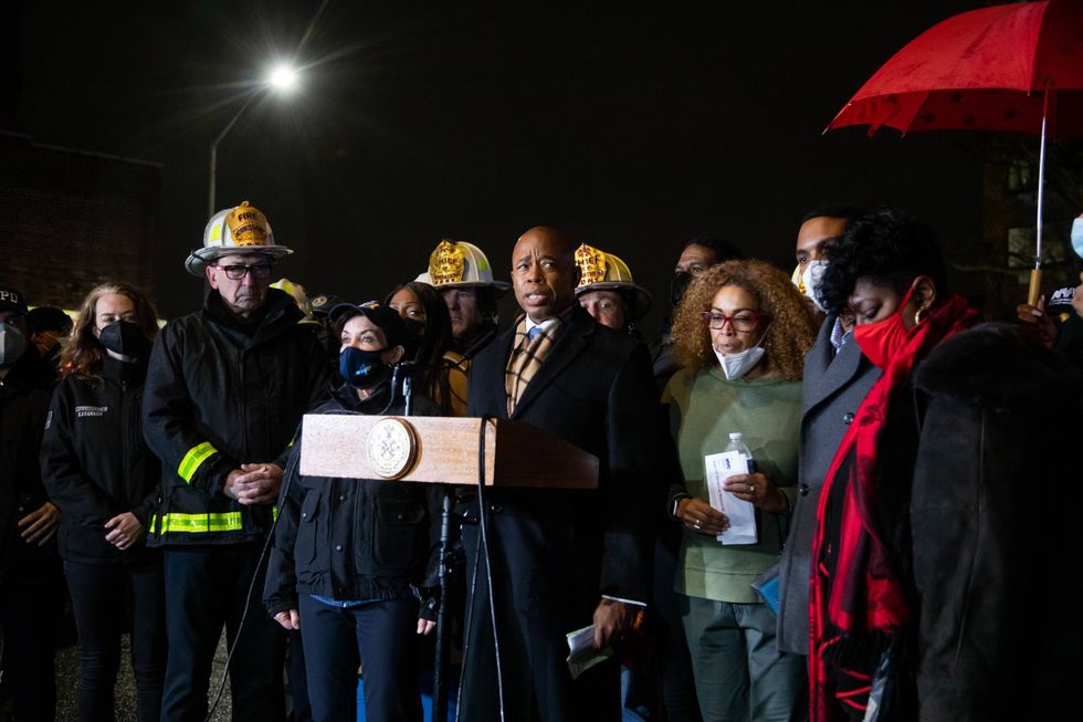Mayor Eric Adams speaks at the scene of a major fire in the Bronx on Jan. 9, 2022