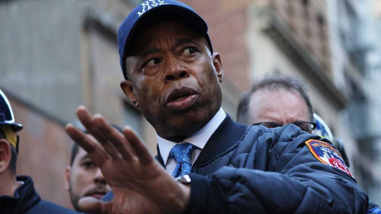 Mayor Eric Adams speaks during a press conference near the site of a parking garage collapse on April 18, 2023 in New York City.