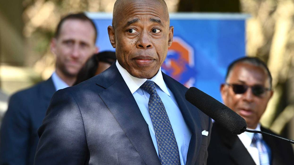 Mayor Eric Adams speaks outside Bayside High School in Queens last month