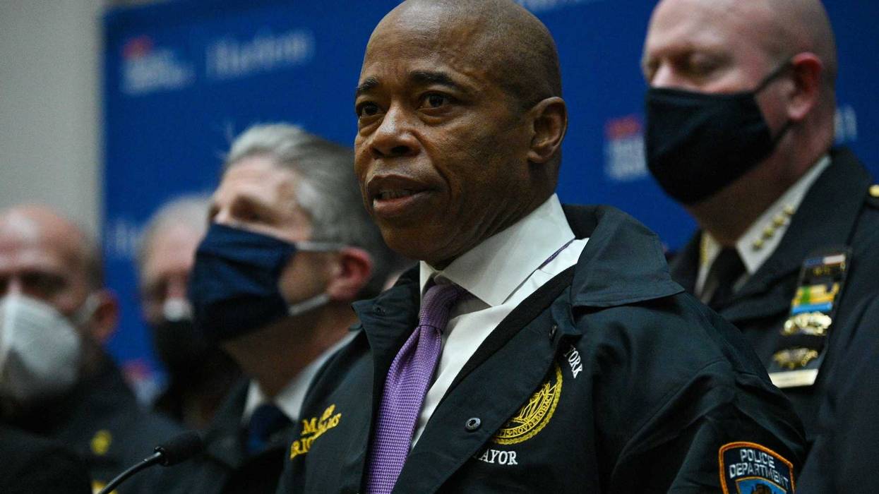 Mayor Eric Adams speaks to members of the media at Harlem Hospital on Jan. 21, 2022 after two NYPD officers were fatally shot