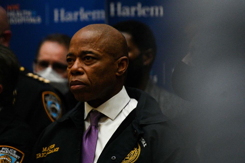 Mayor Eric Adams speaks to members of the media at Harlem Hospital on Jan. 21, 2022