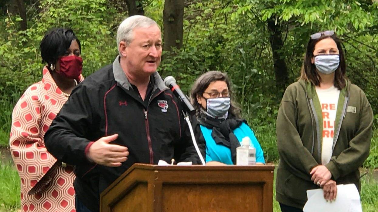 Mayor Jim Kenney addresses volunteers at the 11th annual Love Your Park Week kickoff event in Tacony Creek Park.