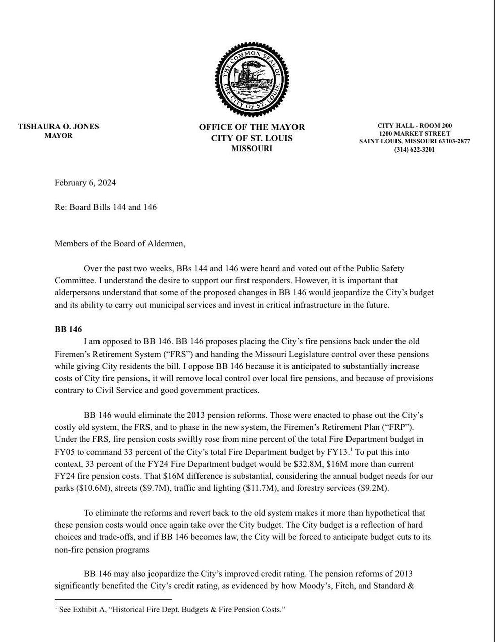 Mayor Jones February 6th letter to the Board of Aldermen Page 1