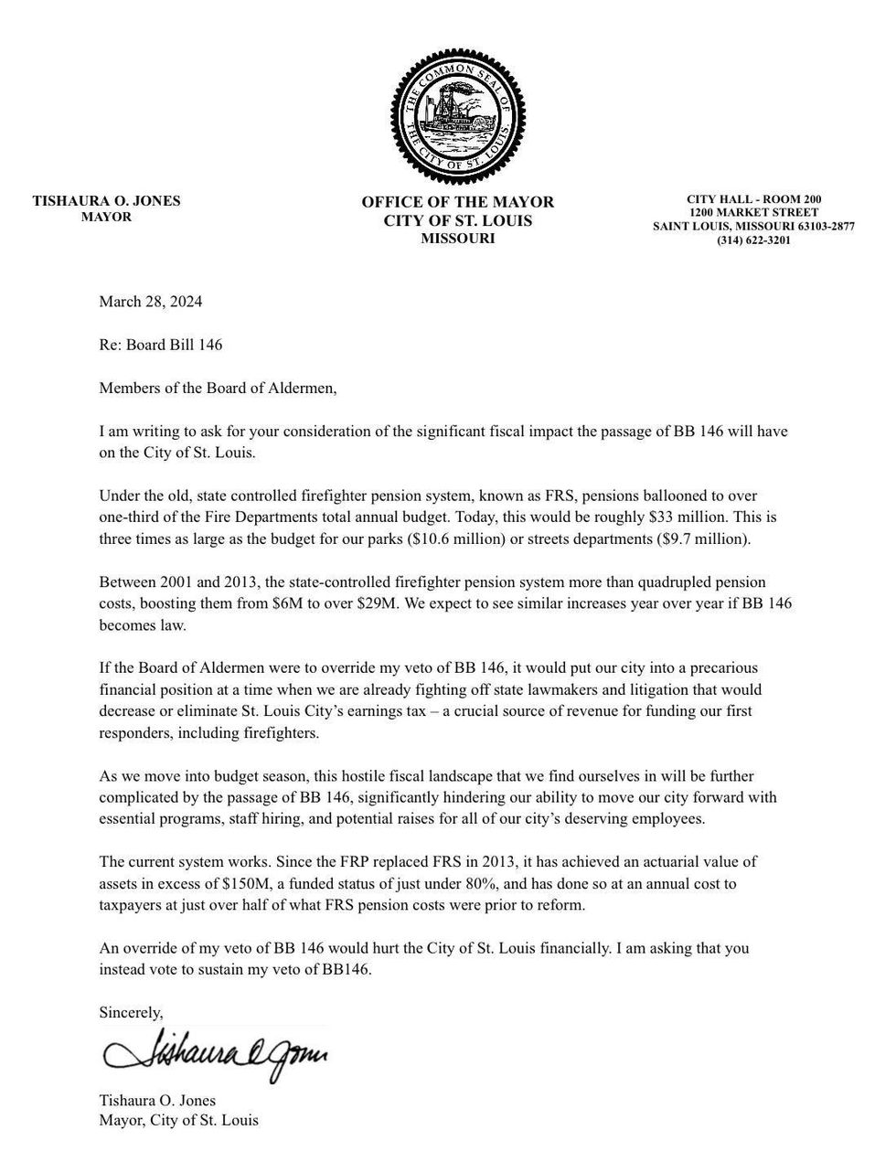 Mayor Jones March 28th letter to the Board of Aldermen