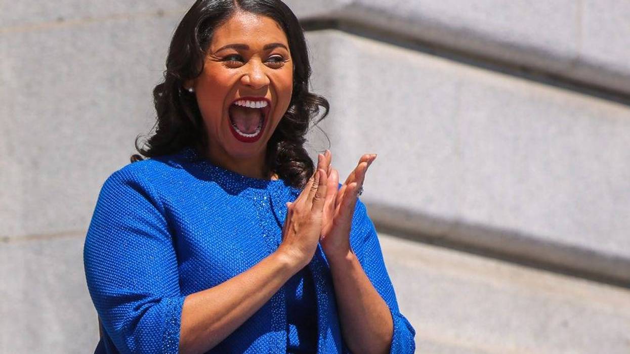 Mayor London Breed smiles at the crowd moments before taking the oath of office outside City Hall July 11, 2018 in San Francisco, California.