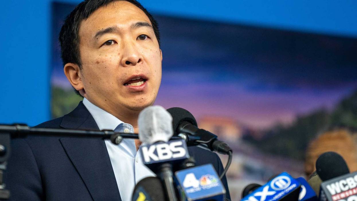 Mayoral candidate Andrew Yang speaks during a press conference at the National Action Network's House of Justice to denounce the rise of attacks against Asian Americans on March 18, 2021 in New York City
