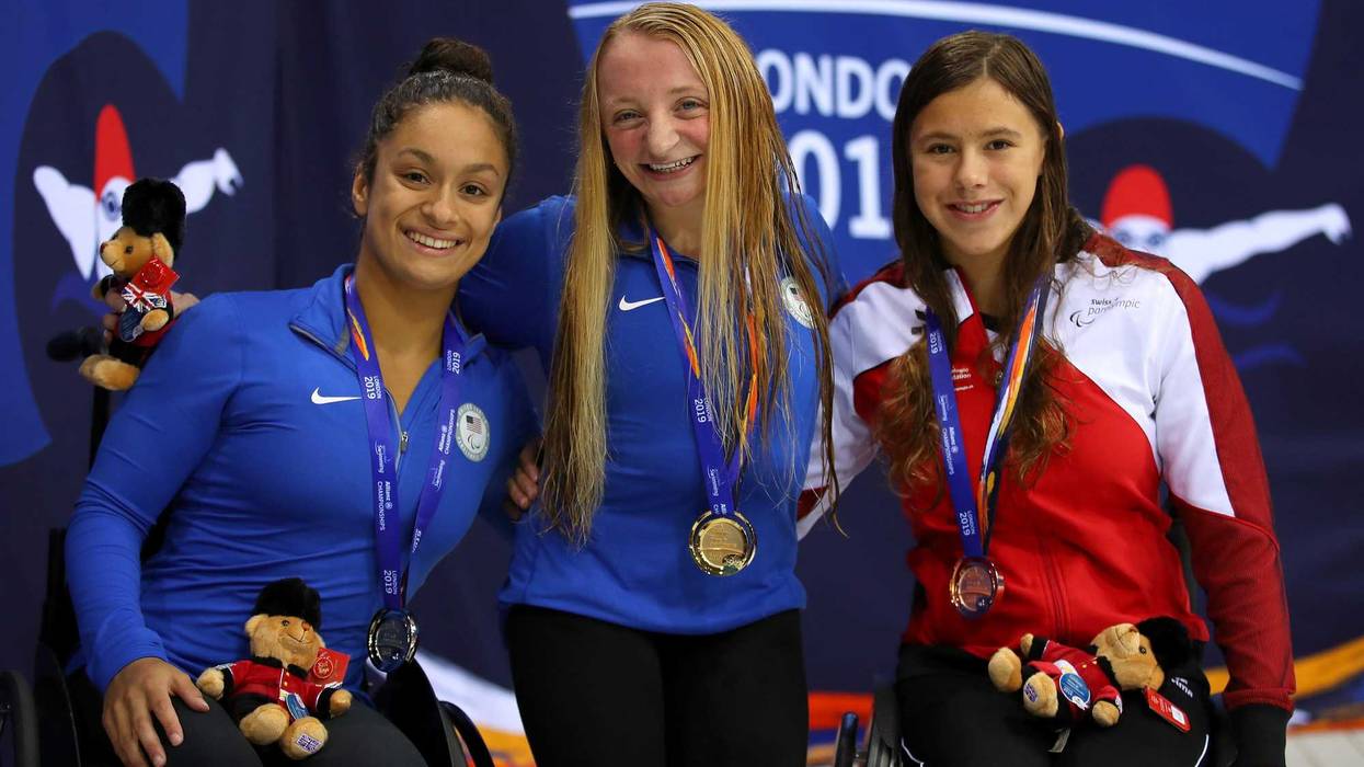 McKenzie Coan (gold) and Ahalya Lettenberger (silver) of the USA and Nora Meister of Switzerland (bronze) pose with their medals after the Women's 400m Freestyle S7 Final during Day Two of the London 2019 World Para-swimming Allianz Championships at the London Aquatics Centre on September 10, 2019 in London, England.
