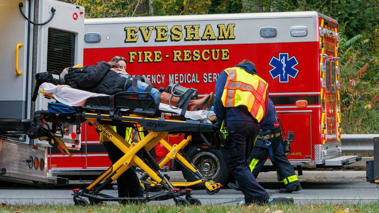 Medics attended to injured alongr Rt. 130. Train accident Mansfield Twp, NJ, New Jersey Transit Light Rail, accident, Monday, Oct. 14, 2024