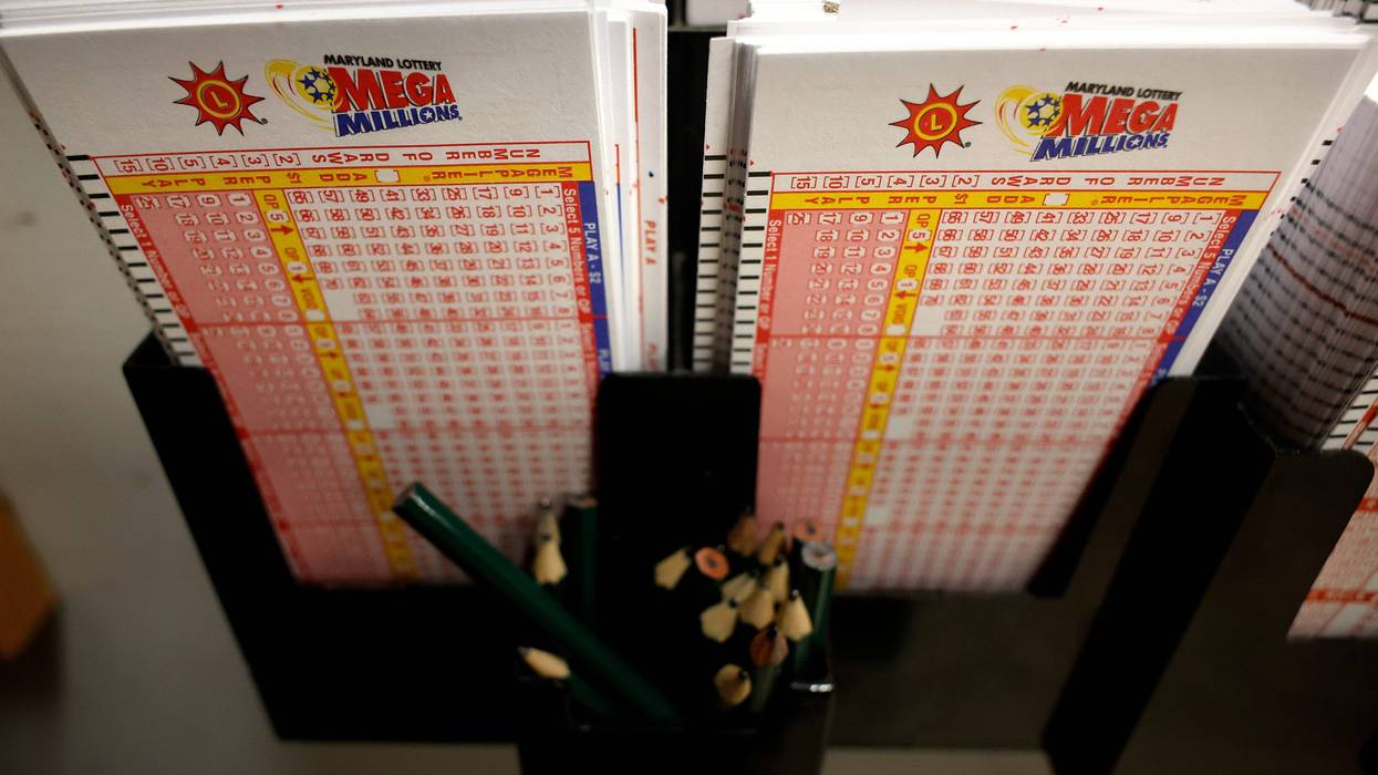 Mega Millions forms are stacked and waiting on players on August 07, 2023 in Silver Spring, Maryland.