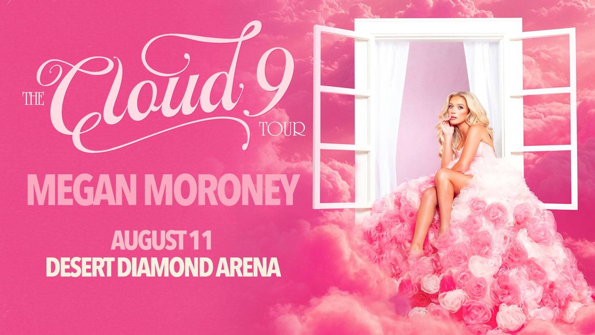 Megan Moroney "The Cloud 9 Tour" poster. Blonde in pink dress in window, pink clouds. August 11.