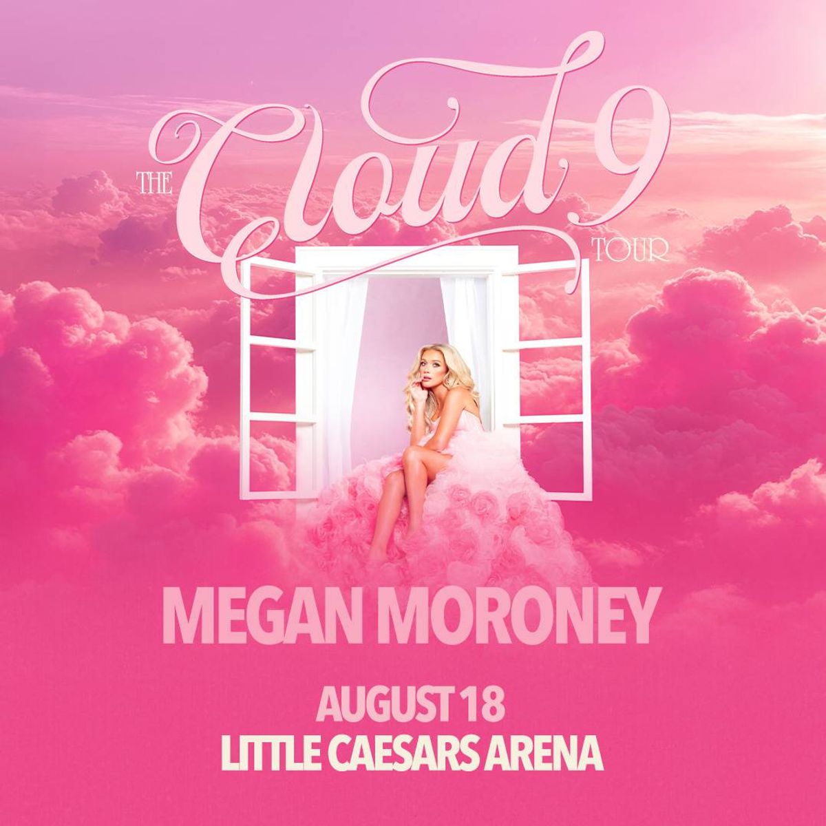 Megan Moroney 'The Cloud 9 Tour' poster: woman in pink dress sits in window among pink clouds.