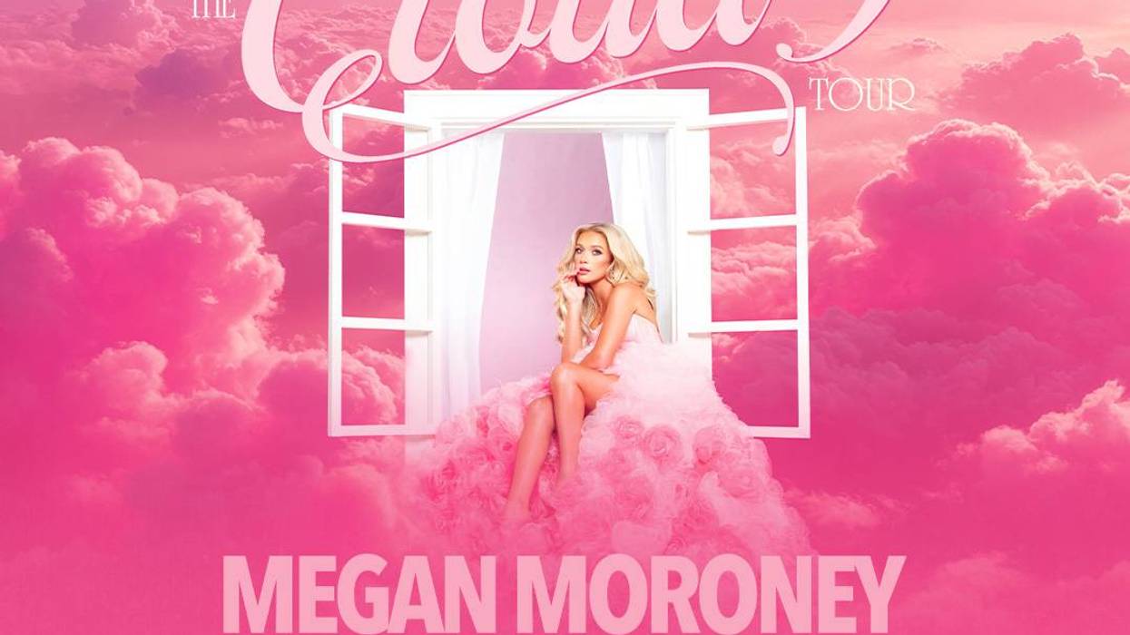 Megan Moroney 'The Cloud 9 Tour' poster: woman in pink dress sits in window among pink clouds.