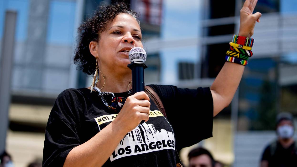 Melina Abdullah participates in the Hollywood talent agencies march to support Black Lives Matter protests on June 06, 2020 in Beverly Hills, California.