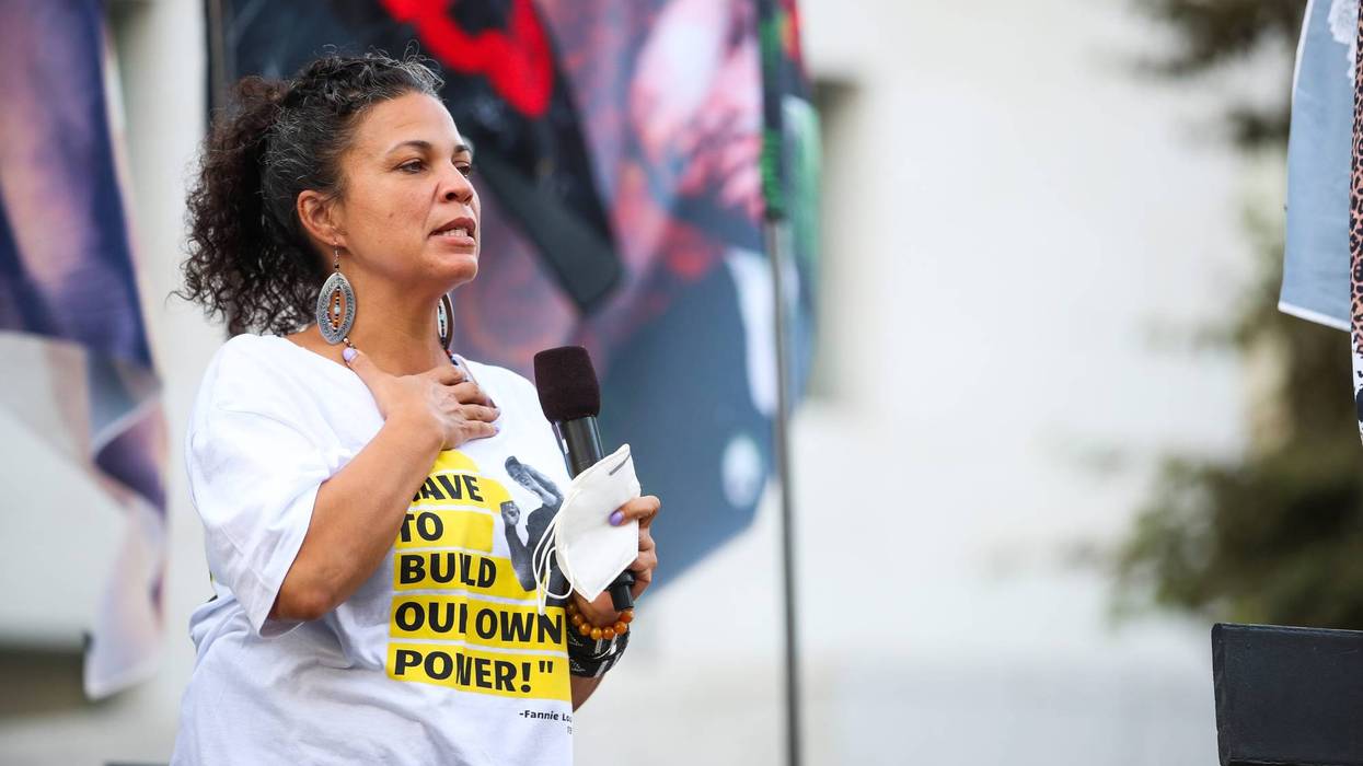 Melina Abdullah speaks during the BLD PWR and Black Lives Matter Los Angeles final march to the polls on October 28, 2020 in Los Angeles, California.