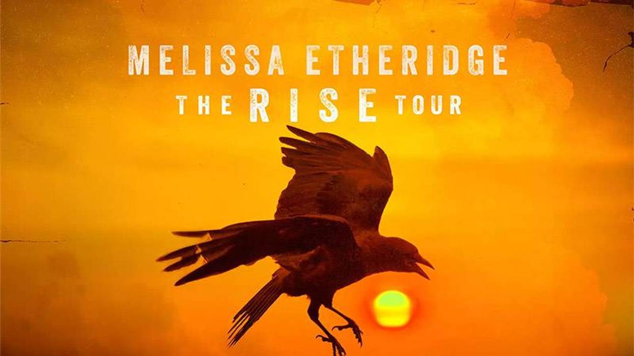 Melissa Etheridge The Rise Tour poster: crow flying against a vibrant orange sunset.